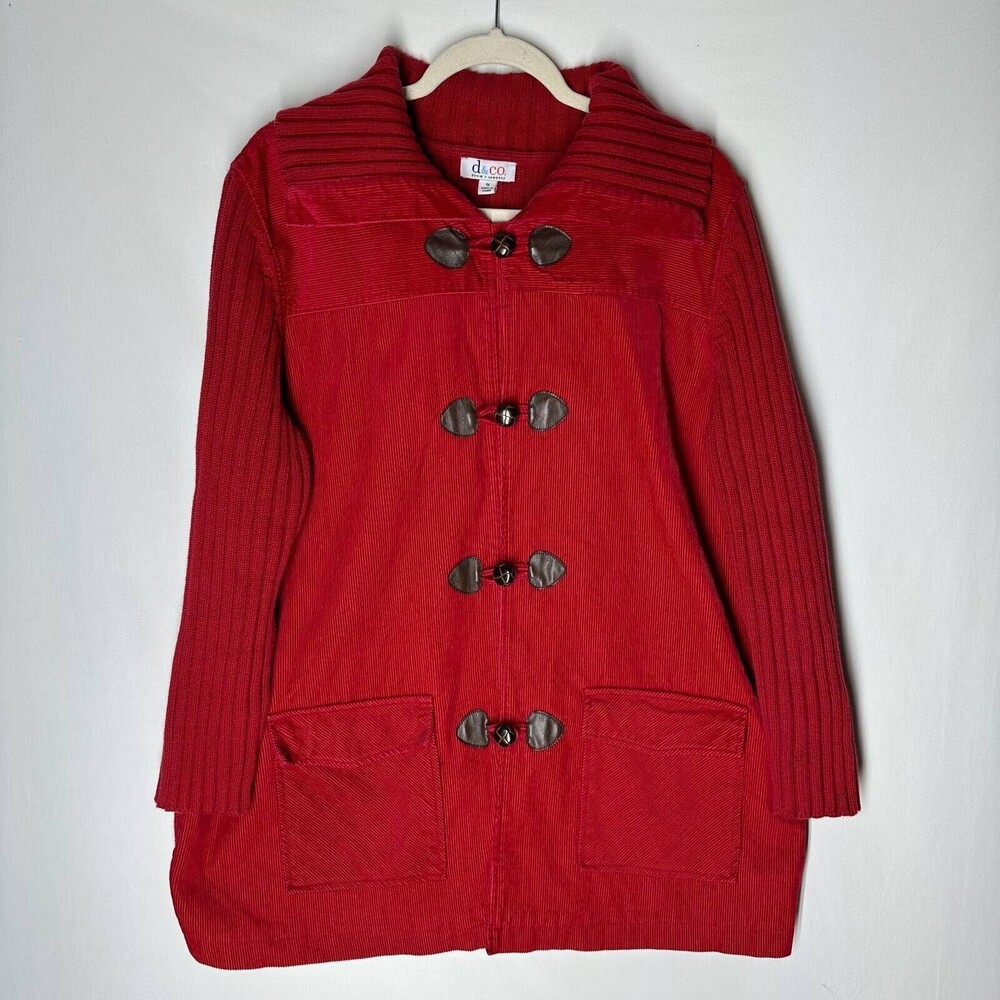 D&Co. Womens Knit Jacket Coat Red Frog Closure Ribbed Collar 100% Cotton Plus 1X